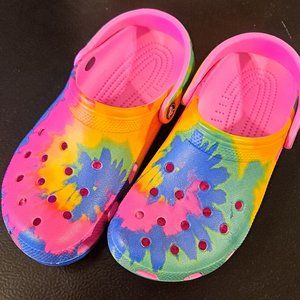 Tie dye pink Crocs, worn twice